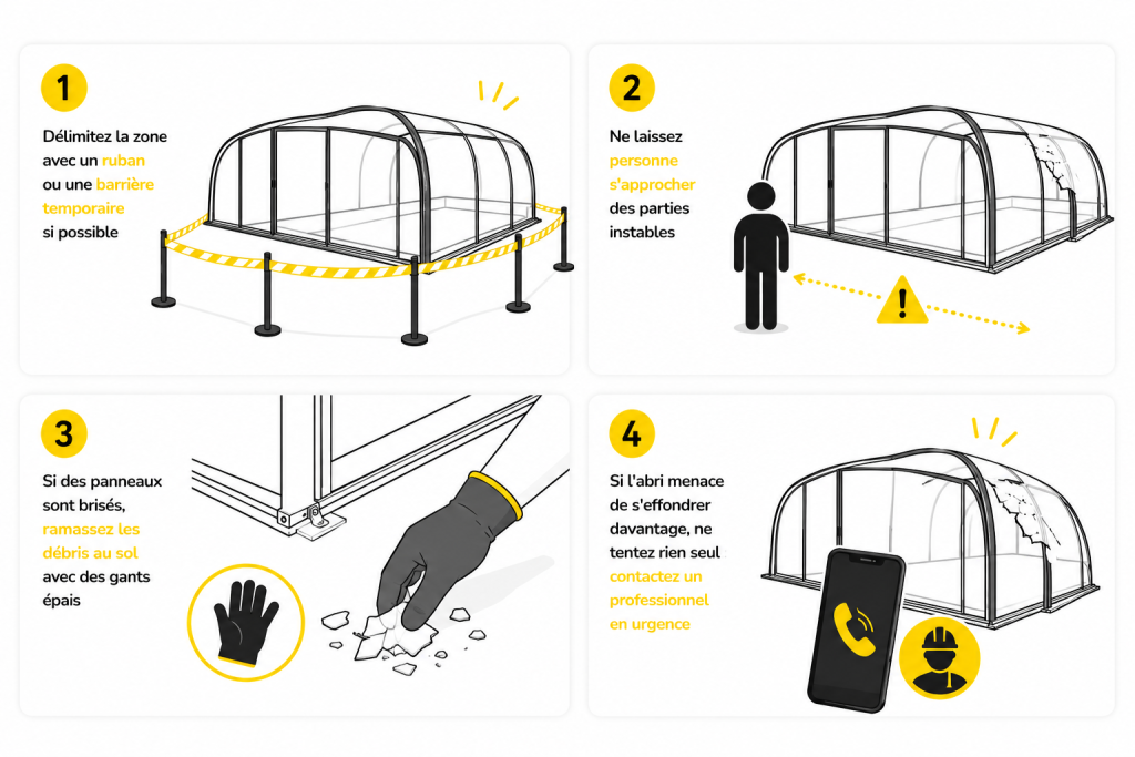 Délimitez la zone avec un ruban ou une barrière temporaire si possible Ne laissez personne s'approcher des parties instables Si des panneaux de verre ou de polycarbonate sont brisés, ramassez les débris au sol avec des gants épais Si l'abri menace de s'effondrer davantage, ne tentez rien seul : contactez un professionnel en urgence