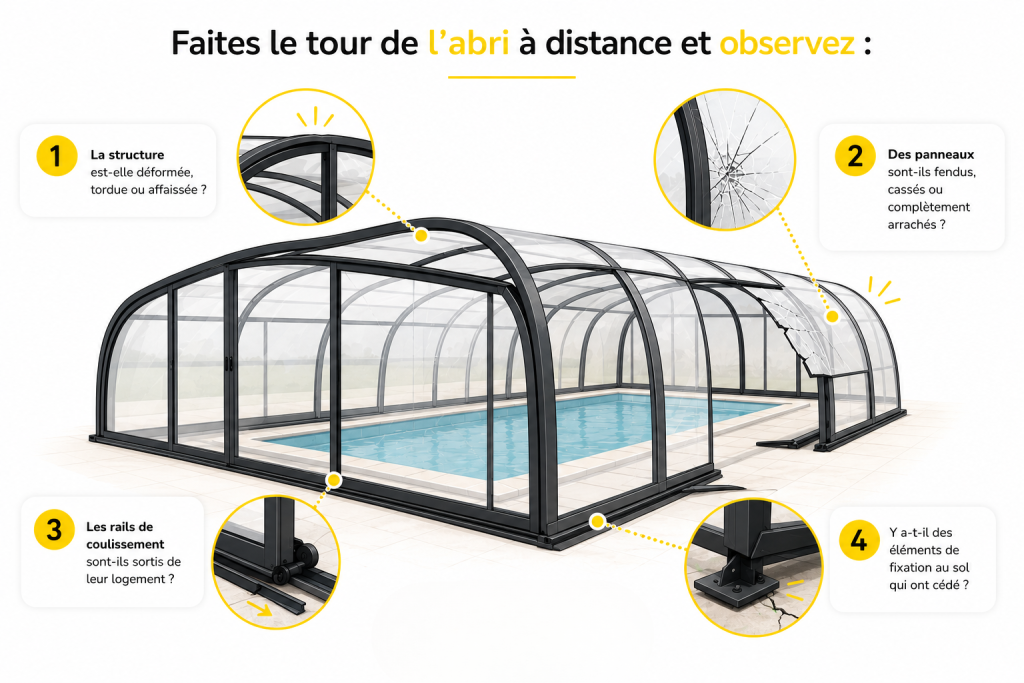 Faites le tour de l'abri à distance et observez : La structure est-elle déformée, tordue ou affaissée ? Des panneaux sont-ils fendus, cassés ou complètement arrachés ? Les rails de coulissement sont-ils sortis de leur logement ? Y a-t-il des éléments de fixation au sol qui ont cédé ?