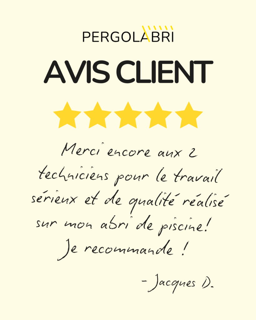 Avis client pergolabri 5/5 sur Google pour la réparation et rénovation d'abri de piscine