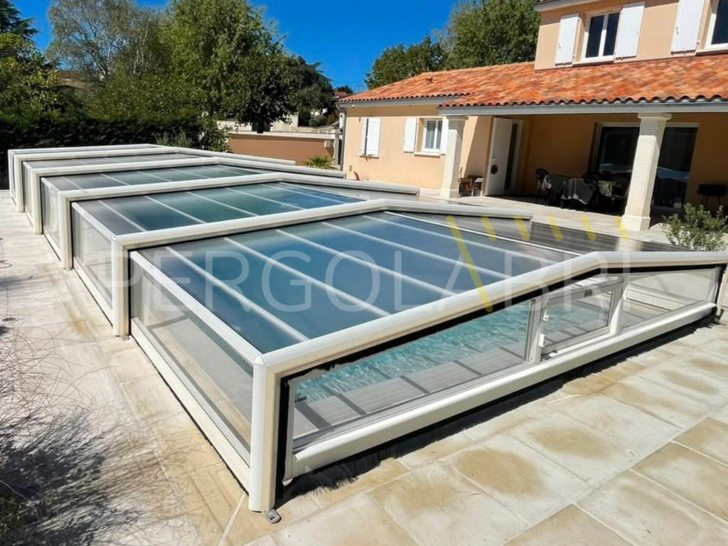 Abri de piscine Eureka blanc à capots beiges rénové avec une toiture neuve à Dax